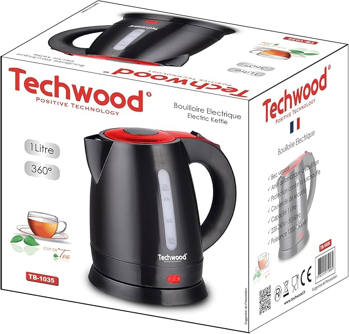 Bouilloire Électrique 1L Techwood Noir/Rouge TB-1035