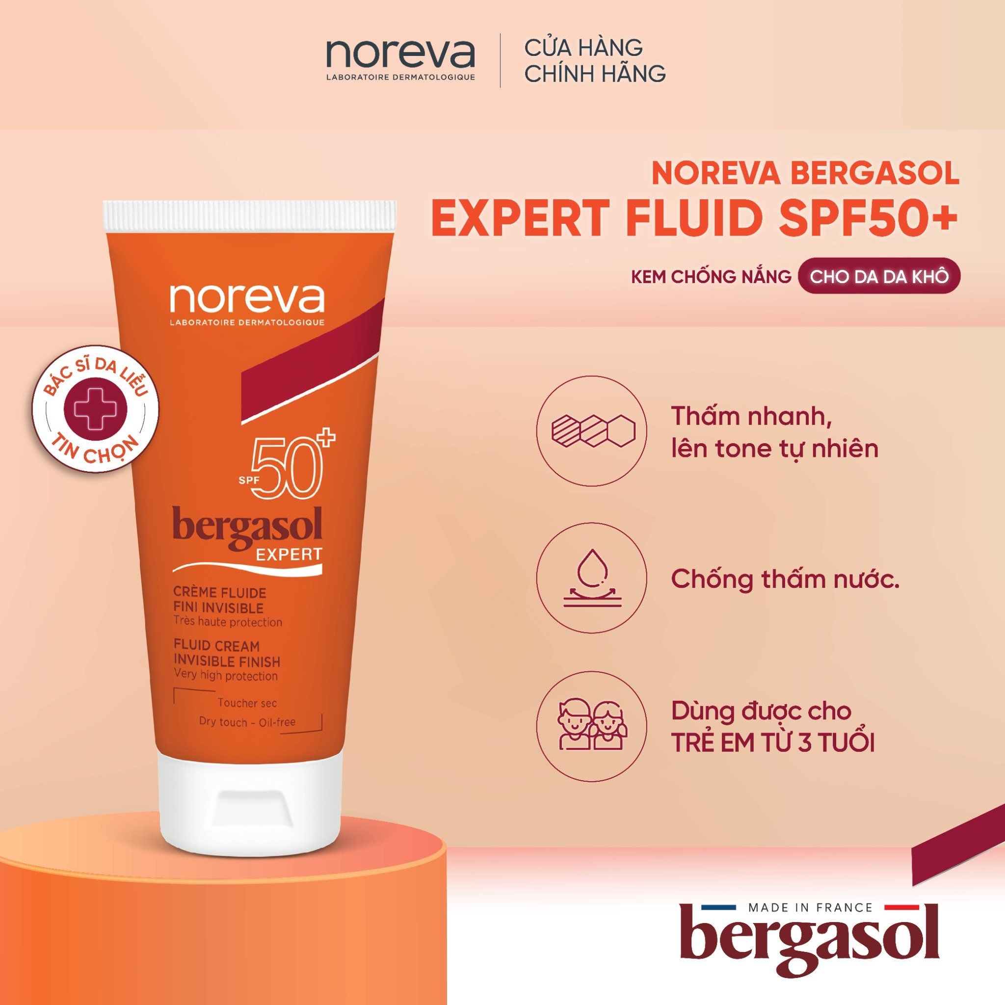 crème solaire adulte Noreva Bergasol Expert crème fluide fini invisible Spf50+ 50ml Marque  Noreva