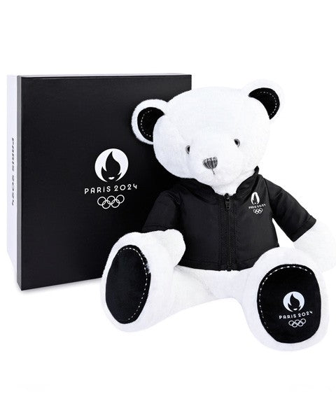 Doudou et Compagnie Ours en peluche blanc avec veste noire JO2024 - 40 cm - Collection Premium