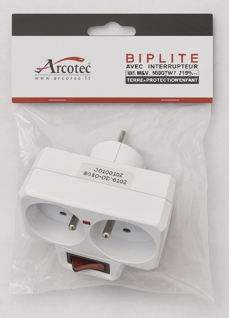 Multiprise - Arcotec - Biplite - 2 Prises - Interrupteur - Protection Enfant 16A 3680W Neuf avec étiquette